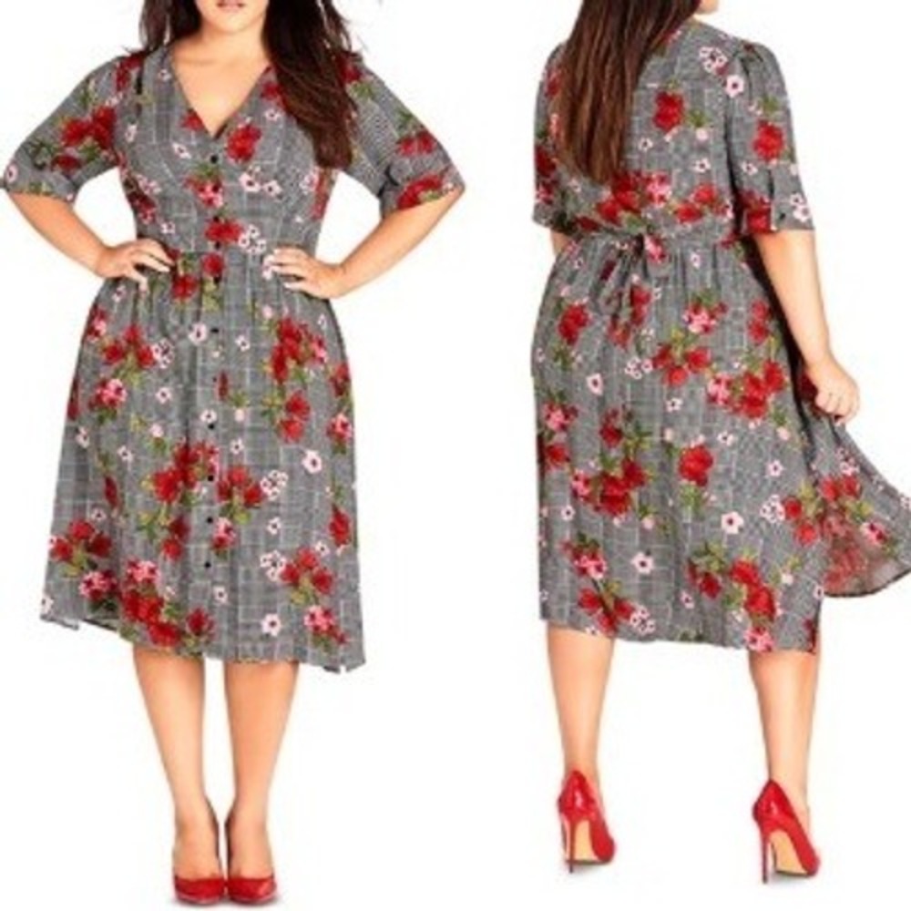 CITY CHIC NWT Women's 18 Black White Houndstooth Red Floral Tie Waist Midi Dress